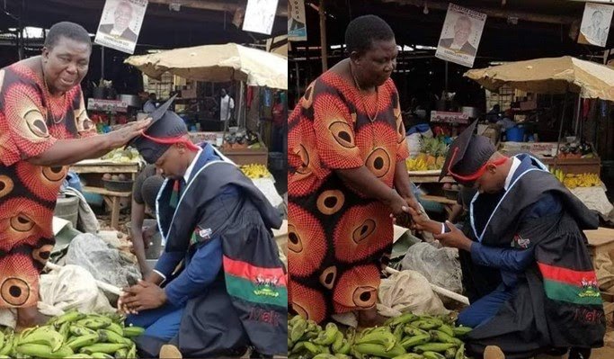 Young graduate kneels for his grandma in the market to thank her for  sending him to school